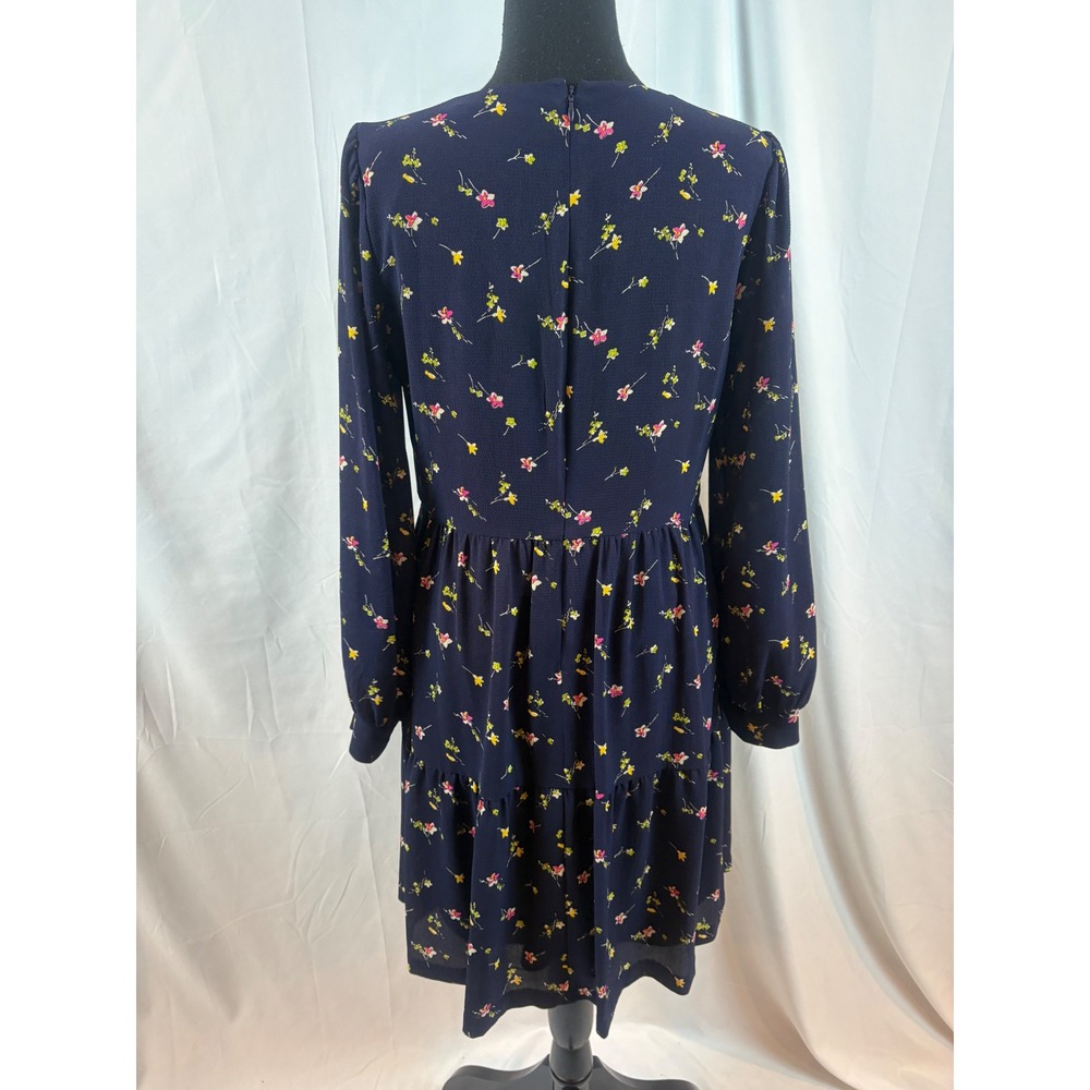 Navy Blue‎ Floral Tiered Mini Dress Long Sleeve V Neck - Picture 7 of 11